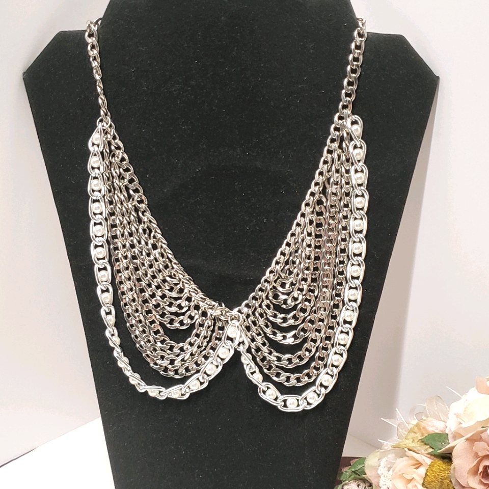 Unique Mika Silver Tone Pearl Statement Necklace